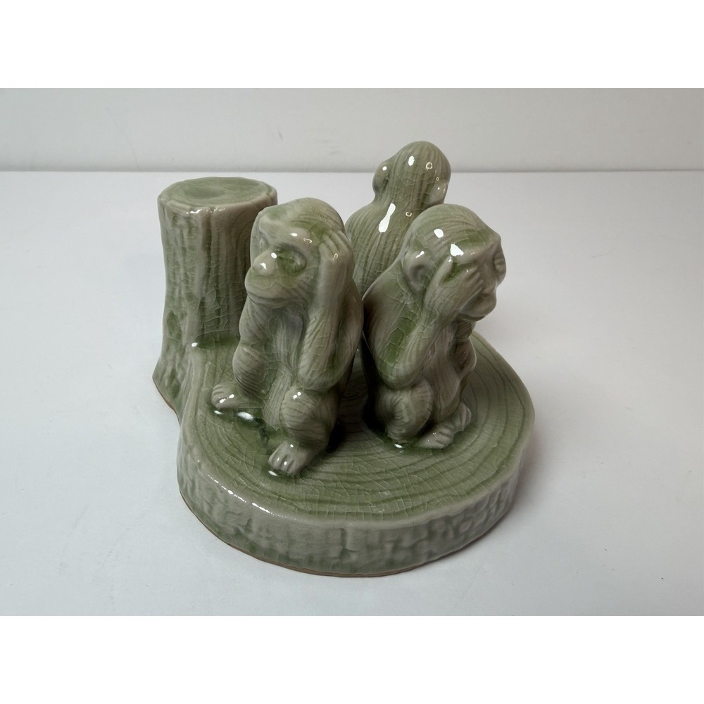 Novica‎ Collection Hear Speak See No Evil Monkey Apes Thailand Vintage Green